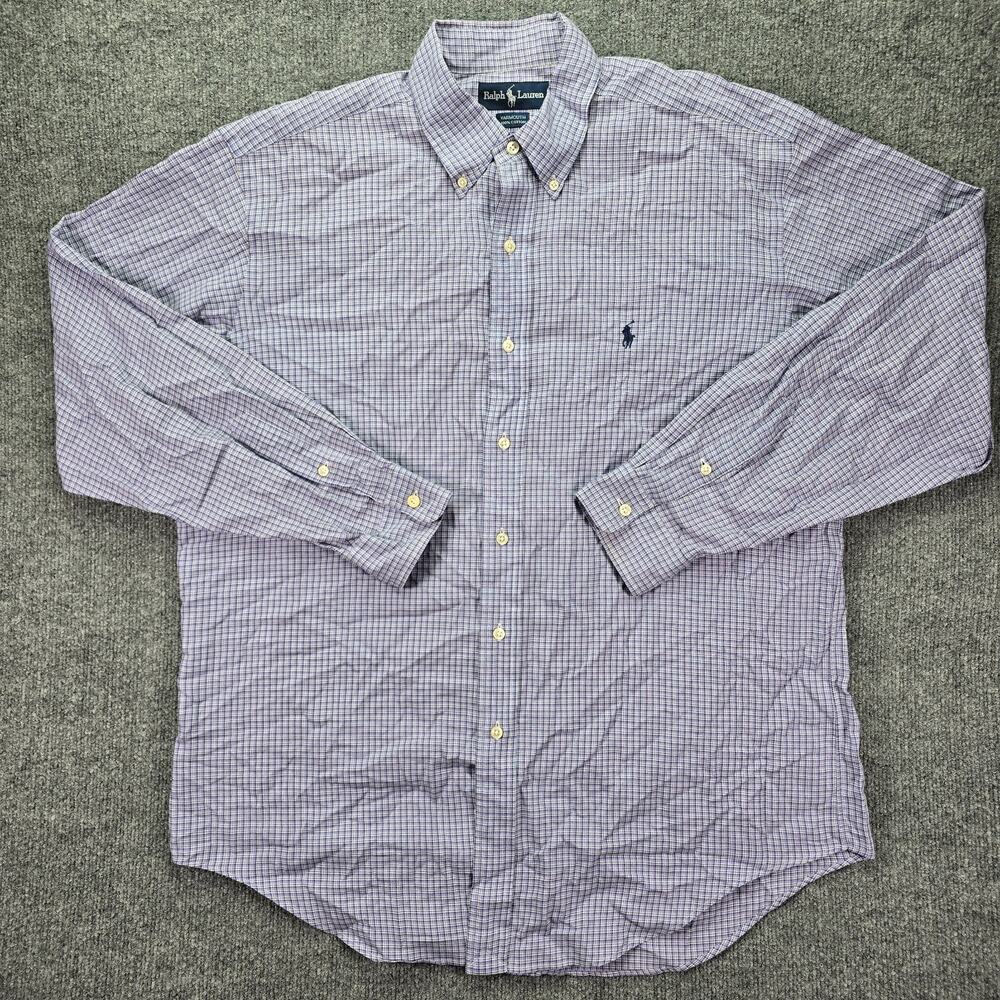 Polo Ralph Lauren Yarmouth Dress Shirt Mens 16 34 Purple White Check Button Down